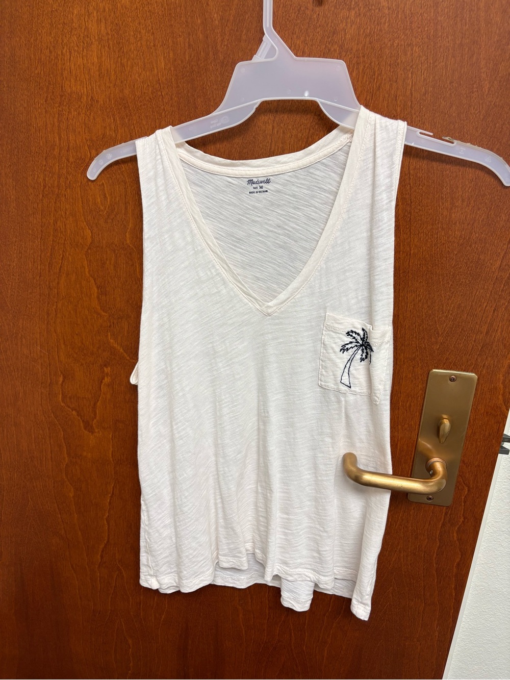 Madewell Ivory V-Neck Tank with Palm Pocket Embroidery